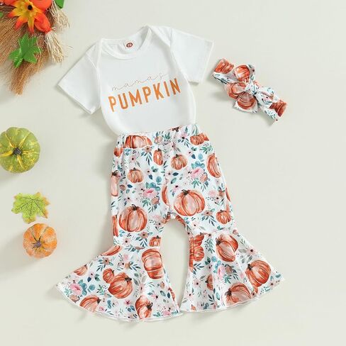 fhutpw Baby Girl Halloween Clothes Long Sleeve Romper Tops Ghost Pants Set | Infant Girl My First Halloween Outfit, Pumpkin Patch Outings, Printed Bell-Bottom Set, Spooky Halloween Newborn Outfits in Saudi Arabia