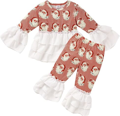 ZOELNIC طفل رضيع الفتيات ملابس عيد الميلاد 2 قطعة مضيئة مخطط سانتا كلوز مطبوعة بلايز الطبقات السراويل مجموعة in Kuwait