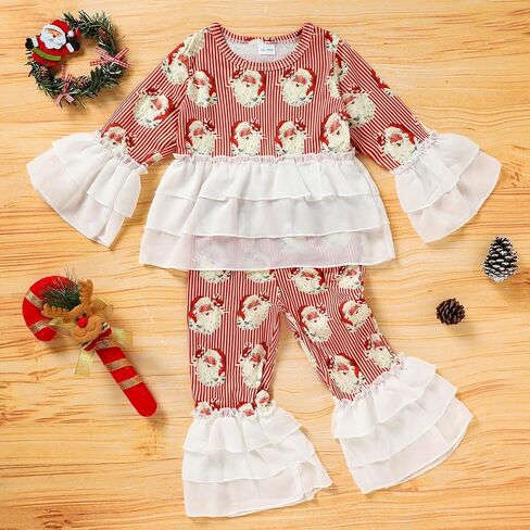 ZOELNIC طفل رضيع الفتيات ملابس عيد الميلاد 2 قطعة مضيئة مخطط سانتا كلوز مطبوعة بلايز الطبقات السراويل مجموعة in Kuwait
