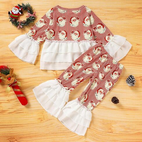 ZOELNIC طفل رضيع الفتيات ملابس عيد الميلاد 2 قطعة مضيئة مخطط سانتا كلوز مطبوعة بلايز الطبقات السراويل مجموعة in Kuwait