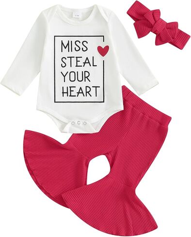 Eadrioss Newborn Baby Girl Valentines Outfit Daddy 's Girl Ribbed Crewneck Romper Bodysuit Onesie Heart Leopard Flare Pant in Kuwait