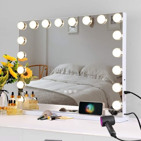 Hansong Vanity Mirror with Lights and Bluetooth Extra Large Hollywood Makeup Mirror with 18 pcs LED Bulbs Lighted Mirror with USB Charging,3 Color Lighting Modes Tabletop or Wall Mount in Saudi Arabia