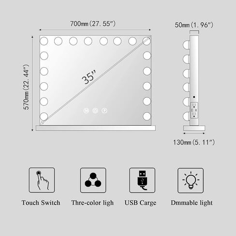 Hansong Vanity Mirror with Lights and Bluetooth Extra Large Hollywood Makeup Mirror with 18 pcs LED Bulbs Lighted Mirror with USB Charging,3 Color Lighting Modes Tabletop or Wall Mount in Saudi Arabia