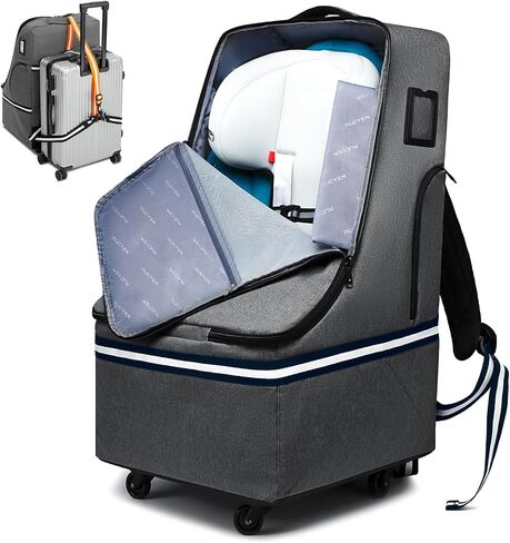 Rolling Car Seat Travel Bag, Padded Carseat Travel Backpack for Airplane,Large Durable Carseat Travel Bag with 4 Wheels,Adjustable Shoulder Strap and Waterproof Base Blue in Saudi Arabia