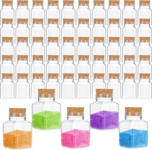 Tanlade 50 Pcs 2 oz Mini Fancy Square Bottles Jars with Cork Halloween Plastic Sand Art Bottles Small Square Shape Corked Bottles Clear Vials Tiny Potion Bottles for Wedding Favors, Spices, DIY Crafts in Saudi Arabia