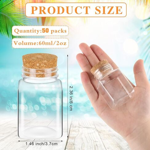 Tanlade 50 Pcs 2 oz Mini Fancy Square Bottles Jars with Cork Halloween Plastic Sand Art Bottles Small Square Shape Corked Bottles Clear Vials Tiny Potion Bottles for Wedding Favors, Spices, DIY Crafts in Saudi Arabia