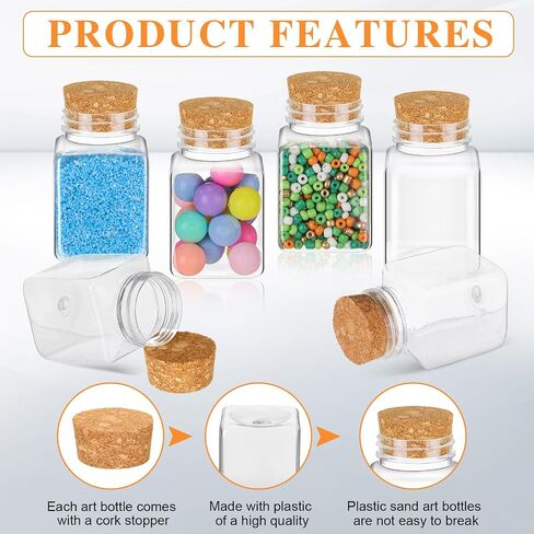 Tanlade 50 Pcs 2 oz Mini Fancy Square Bottles Jars with Cork Halloween Plastic Sand Art Bottles Small Square Shape Corked Bottles Clear Vials Tiny Potion Bottles for Wedding Favors, Spices, DIY Crafts in Saudi Arabia