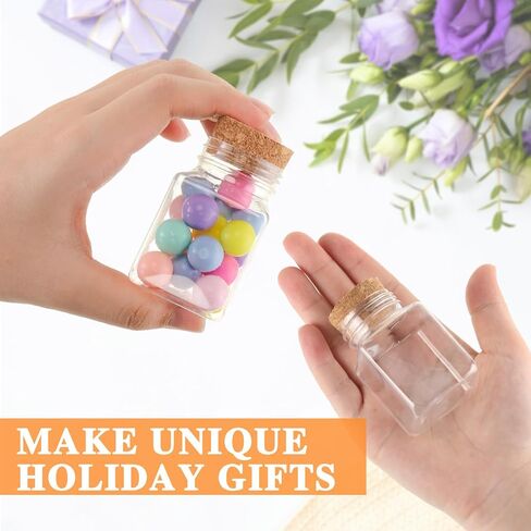 Tanlade 50 Pcs 2 oz Mini Fancy Square Bottles Jars with Cork Halloween Plastic Sand Art Bottles Small Square Shape Corked Bottles Clear Vials Tiny Potion Bottles for Wedding Favors, Spices, DIY Crafts in Saudi Arabia
