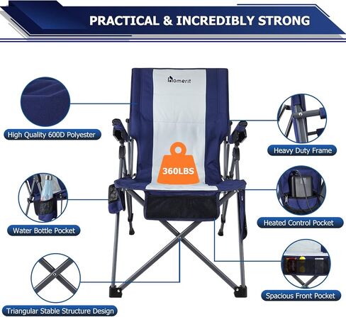 كرسي تخييم مُدفأ مع حزمة بطارية 12 فولت 16000 مللي أمبير في الساعة، كراسي محمولة قابلة للتدفئة للرياضات الخارجية للبالغين، مقعد دافئ للتخييم والنزهات والشاطئ (5 جيوب وحقيبة سفر) in Kuwait