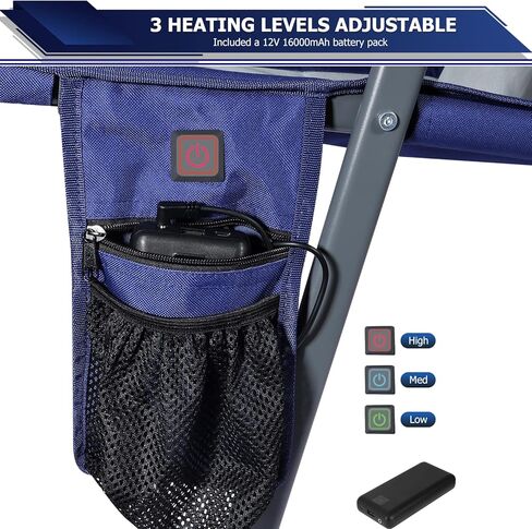 كرسي تخييم مُدفأ مع حزمة بطارية 12 فولت 16000 مللي أمبير في الساعة، كراسي محمولة قابلة للتدفئة للرياضات الخارجية للبالغين، مقعد دافئ للتخييم والنزهات والشاطئ (5 جيوب وحقيبة سفر) in Kuwait