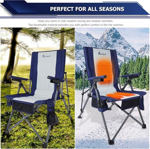 كرسي تخييم مُدفأ مع حزمة بطارية 12 فولت 16000 مللي أمبير في الساعة، كراسي محمولة قابلة للتدفئة للرياضات الخارجية للبالغين، مقعد دافئ للتخييم والنزهات والشاطئ (5 جيوب وحقيبة سفر) in Kuwait
