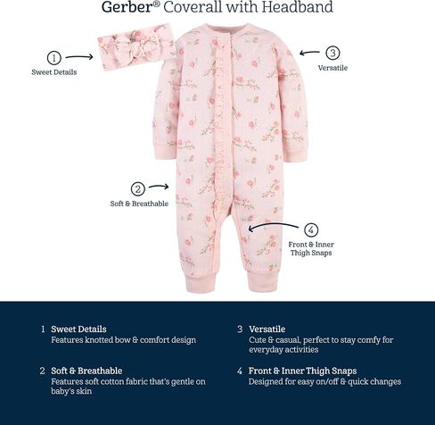 Gerber baby-girls 4-piece Coveralls & Headband Sets in Saudi Arabia