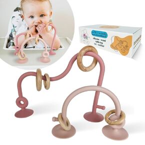 Eco Mama Shop: Silicone and Wood Table Top Toy and Teether, Montessori Educational Toys for Infant Toddlers, High Chair Toys with Suction Cups, Silicone Teething Toys for Babies (Olive and Beige)
