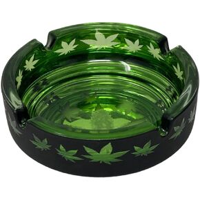 Creative Glass Ashtray, Featuring Trendy 80s Matte Black/Green Leaf Design, 4.25" x 1.25"Inches