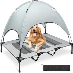 سرير كلاب خارجي من جي اتش جيه جيج، سرير كلاب مرتفع مع مظلة، سرير كلاب محمول مع غطاء قابل للازالة وشنطة حمل اضافية للتخييم او الشاطئ (رمادي داكن) in Kuwait