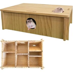 MUYG Multi Chamber Hamster House,Wooden Guinea Pig Maze Hideout Hut Interesting Multi-Room Tunnel Exploring Toys Hamsters Accessories for Guinea Pigs Dwarf Mice Gerbil Small Rodents