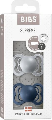 BIBS Supreme Baby Pacifier 2-Pack | Made in Denmark | BPA Free Dummy Soother, Symmetrical Nipple. Silicone, Size 1 (0-6 Months), Cloud / Steel Blue in Saudi Arabia