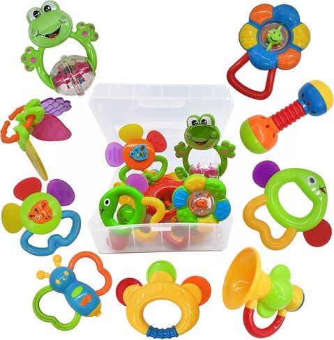 9pcs Baby First Rattle Teether Toy Gift Set with Storage Box for Infant Newborn Baby Girl 3 6 9 12 18Month Pink in Kuwait