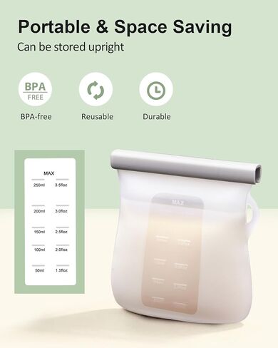 8 قطع من أكياس تخزين حليب الثدي من السيليكون من ليكتين، حاوية تخزين حليب الثدي قابلة لإعادة الاستخدام، سعة 8.5 أونصة/250 مل، أكياس تخزين حليب قائمة بذاتها خالية من مادة BPA للرضاعة الطبيعية، حاويات تخزين أغذية الأطفال مانعة للتسرب in Kuwait