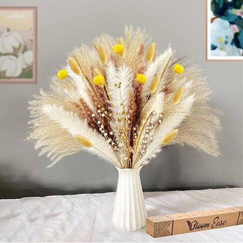 Bloom Ease عشب بامباس طبيعي مجفف - 100 قطعة من باقة عشب بامباس المجففة الاصطناعية، زهور بوهو ونباتات مجففة اصطناعية وزخارف زهور لحفلات الزفاف - سيقان رقيق مع صندوق هدايا مجففات. in Kuwait