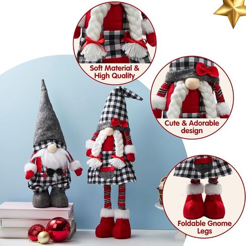 JOYIN 23" Standing Christmas Gnome Couple Decoration Retractable Legs Black Buffalo Style, Tomte Nordic Gnomes Christmas Indoor Decorations, Xmas gnome Decor, Christmas Party Gifts, Home Decorations in Saudi Arabia