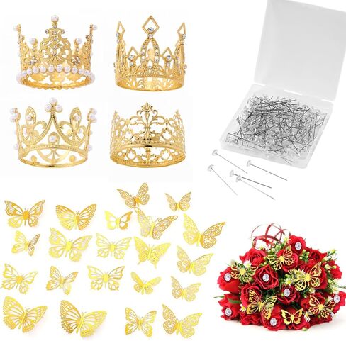 WATHFKCU 152 قطعة من إكسسوارات باقة الزهور ثلاثية الأبعاد لتزيين الفراشة الذهبية تاج صغير تاج باقة صدر دبابيس لؤلؤة دبابيس زهرة باقة إكسسوارات لتزيين حفلات أعياد الميلاد وحفلات الزفاف in Kuwait