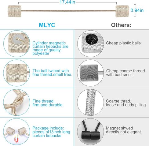 2 Pack Magnetic Curtain Tiebacks, The Most Convenient Drape Tie Backs, Decorative Rope Holdback Holder for holdbacks Big, Decorative Curtain Holdbacks (16 Inch Long), Beige in Saudi Arabia