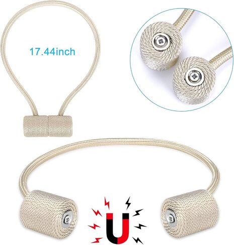 2 Pack Magnetic Curtain Tiebacks, The Most Convenient Drape Tie Backs, Decorative Rope Holdback Holder for holdbacks Big, Decorative Curtain Holdbacks (16 Inch Long), Beige in Saudi Arabia