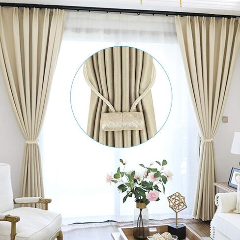 2 Pack Magnetic Curtain Tiebacks, The Most Convenient Drape Tie Backs, Decorative Rope Holdback Holder for holdbacks Big, Decorative Curtain Holdbacks (16 Inch Long), Beige in Saudi Arabia