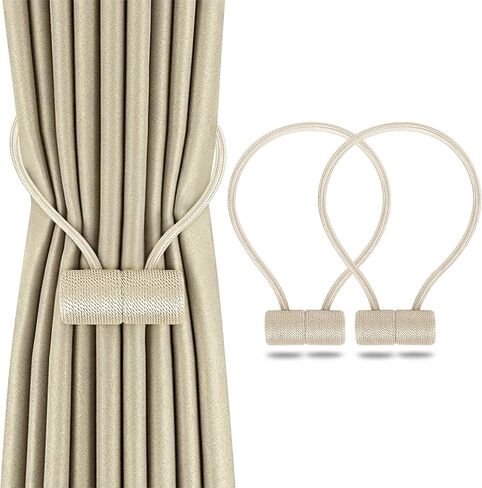 2 Pack Magnetic Curtain Tiebacks, The Most Convenient Drape Tie Backs, Decorative Rope Holdback Holder for holdbacks Big, Decorative Curtain Holdbacks (16 Inch Long), Beige in Saudi Arabia