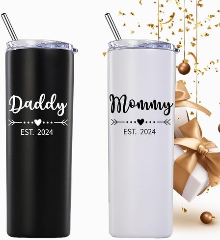Daddy and Mommy Est 2024 Skinny Tumbler.New Parents Pregnancy Gifts.Fathers Day Mothers Day Birthday Christmas Gifts Ideas for New Mom Dad.Parents to Be Baby Shower Gifts(20oz Black&Rose Gold) in Saudi Arabia