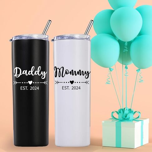 Daddy and Mommy Est 2024 Skinny Tumbler.New Parents Pregnancy Gifts.Fathers Day Mothers Day Birthday Christmas Gifts Ideas for New Mom Dad.Parents to Be Baby Shower Gifts(20oz Black&Rose Gold) in Saudi Arabia