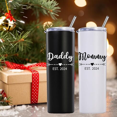 Daddy and Mommy Est 2024 Skinny Tumbler.New Parents Pregnancy Gifts.Fathers Day Mothers Day Birthday Christmas Gifts Ideas for New Mom Dad.Parents to Be Baby Shower Gifts(20oz Black&Rose Gold) in Saudi Arabia
