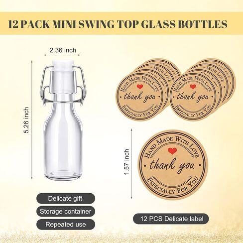 12 Pcs Mini Flip Top Glass Bottle with Stoppers 4 oz Mini Swing Top Bottles Small Glass Bottles with Lid Kraft Adhesive Round Stickers for Wedding Themed Party Favors in Kuwait