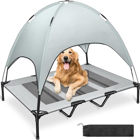 سرير كلاب خارجي من جي اتش جيه جيج، سرير كلاب مرتفع مع مظلة، سرير كلاب محمول مع غطاء قابل للازالة وشنطة حمل اضافية للتخييم او الشاطئ (رمادي داكن) in Kuwait