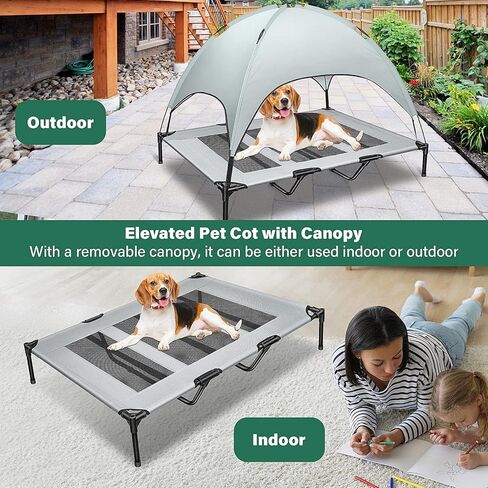 سرير كلاب خارجي من جي اتش جيه جيج، سرير كلاب مرتفع مع مظلة، سرير كلاب محمول مع غطاء قابل للازالة وشنطة حمل اضافية للتخييم او الشاطئ (رمادي داكن) in Kuwait