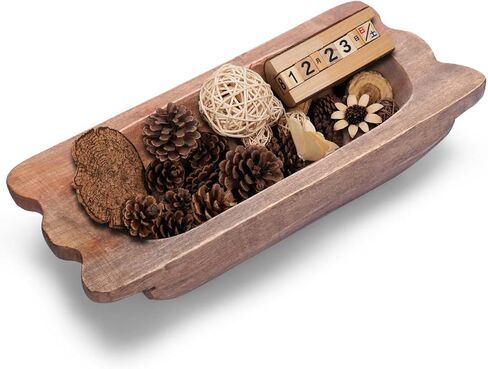 QIELSER Wooden Dough Bowl Decor with Handles Natural Wood Hand Carved Decorative Wooden Farmhouse Fruit Bowl Handmade, Home Decoration Centerpiece, Dining Room Table Display Bowl 13.4" Lx6.3 Wx3.1 H in Kuwait