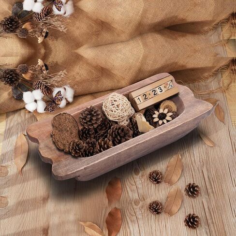 QIELSER Wooden Dough Bowl Decor with Handles Natural Wood Hand Carved Decorative Wooden Farmhouse Fruit Bowl Handmade, Home Decoration Centerpiece, Dining Room Table Display Bowl 13.4" Lx6.3 Wx3.1 H in Kuwait