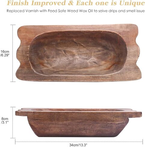QIELSER Wooden Dough Bowl Decor with Handles Natural Wood Hand Carved Decorative Wooden Farmhouse Fruit Bowl Handmade, Home Decoration Centerpiece, Dining Room Table Display Bowl 13.4" Lx6.3 Wx3.1 H in Kuwait