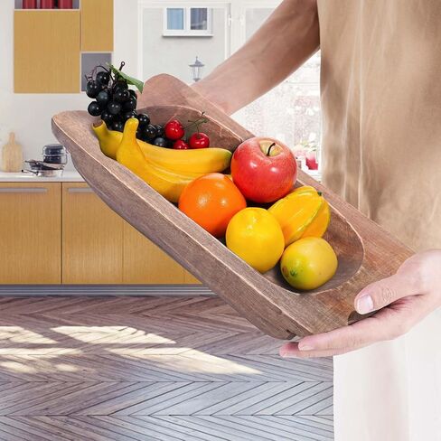 QIELSER Wooden Dough Bowl Decor with Handles Natural Wood Hand Carved Decorative Wooden Farmhouse Fruit Bowl Handmade, Home Decoration Centerpiece, Dining Room Table Display Bowl 13.4" Lx6.3 Wx3.1 H in Kuwait