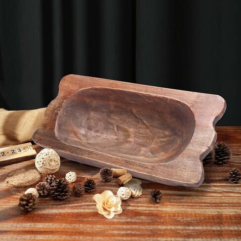 QIELSER Wooden Dough Bowl Decor with Handles Natural Wood Hand Carved Decorative Wooden Farmhouse Fruit Bowl Handmade, Home Decoration Centerpiece, Dining Room Table Display Bowl 13.4" Lx6.3 Wx3.1 H in Kuwait