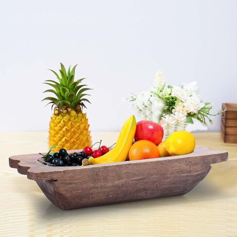 QIELSER Wooden Dough Bowl Decor with Handles Natural Wood Hand Carved Decorative Wooden Farmhouse Fruit Bowl Handmade, Home Decoration Centerpiece, Dining Room Table Display Bowl 13.4" Lx6.3 Wx3.1 H in Kuwait