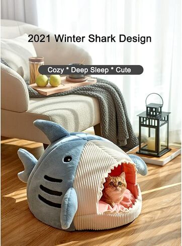 ايست فيتا سرير نوم لطيف للقطط والكلاب بتصميم سمكة قرش لطيف للحيوانات الاليفة والقطط الصغيرة، منزل دافئ وناعم ومريح شبه مغلق مقاس L in Kuwait