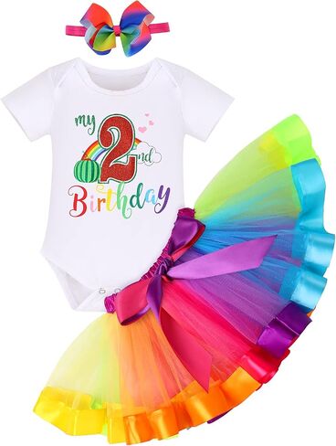Baby Girl 1st / 2nd Birthday Outfit Short Sleeve Romper + Rainbow Princess Tulle Tutu Skirt + Headband 3PCS Clothes in Saudi Arabia