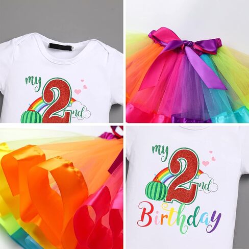 Baby Girl 1st / 2nd Birthday Outfit Short Sleeve Romper + Rainbow Princess Tulle Tutu Skirt + Headband 3PCS Clothes in Saudi Arabia