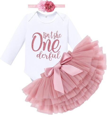 Baby Girl 1st / 2nd Birthday Outfit Short Sleeve Romper + Rainbow Princess Tulle Tutu Skirt + Headband 3PCS Clothes in Saudi Arabia