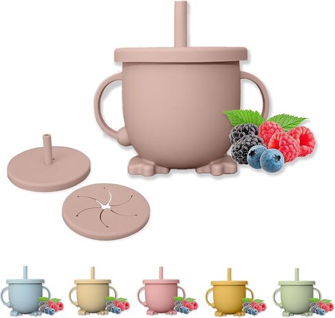 ABIDIA - Silicone Baby Training Cup with Straw Spill Proof Silicone Baby Cups With Lids Cup with Straw for Toddler Baby Cup with Straw 6-12 months (Dusty Rose) in Saudi Arabia