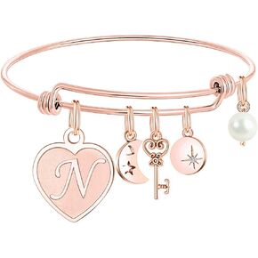 M MOOHAM Initial Charm Bracelets for Women Gifts - Engraved 26 Letters Initial Charms Bracelet Stainless Steel Bangle Bracelet Birthday Christmas Jewelry Gift for Women Teen Girls
