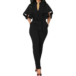 Oxgmoky Women's Jumpsuits Elegant Business V Neck Zipper Long Sleeve Sexy Strap Straight Long Pants Rompers With Pockets