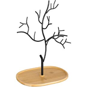 Navaris Metal Jewelry Tree Stand - Organizer Hanger Display Holder with Bamboo Dish Base to Store Necklaces, Bracelets, Rings, Accessories